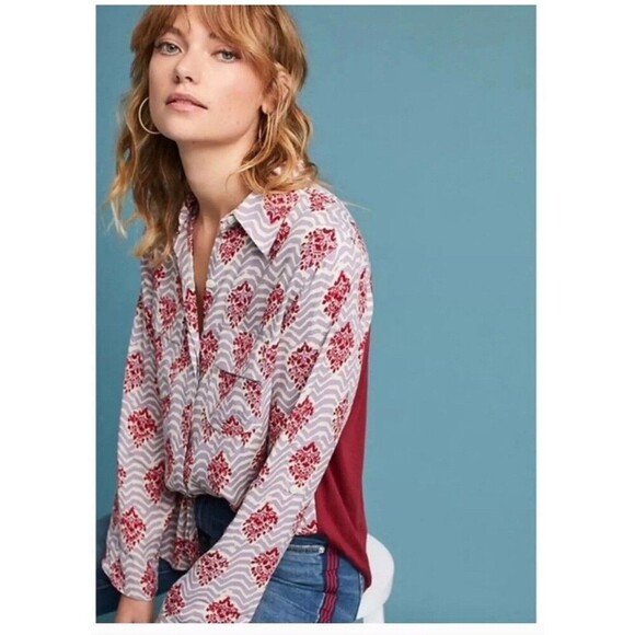 Porridge Anthropologie Top Small Multicolor Mixed Media Boho Medallion Button Up - Picture 1 of 10